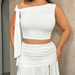 White One-Shoulder Crop Top and Skirt Set